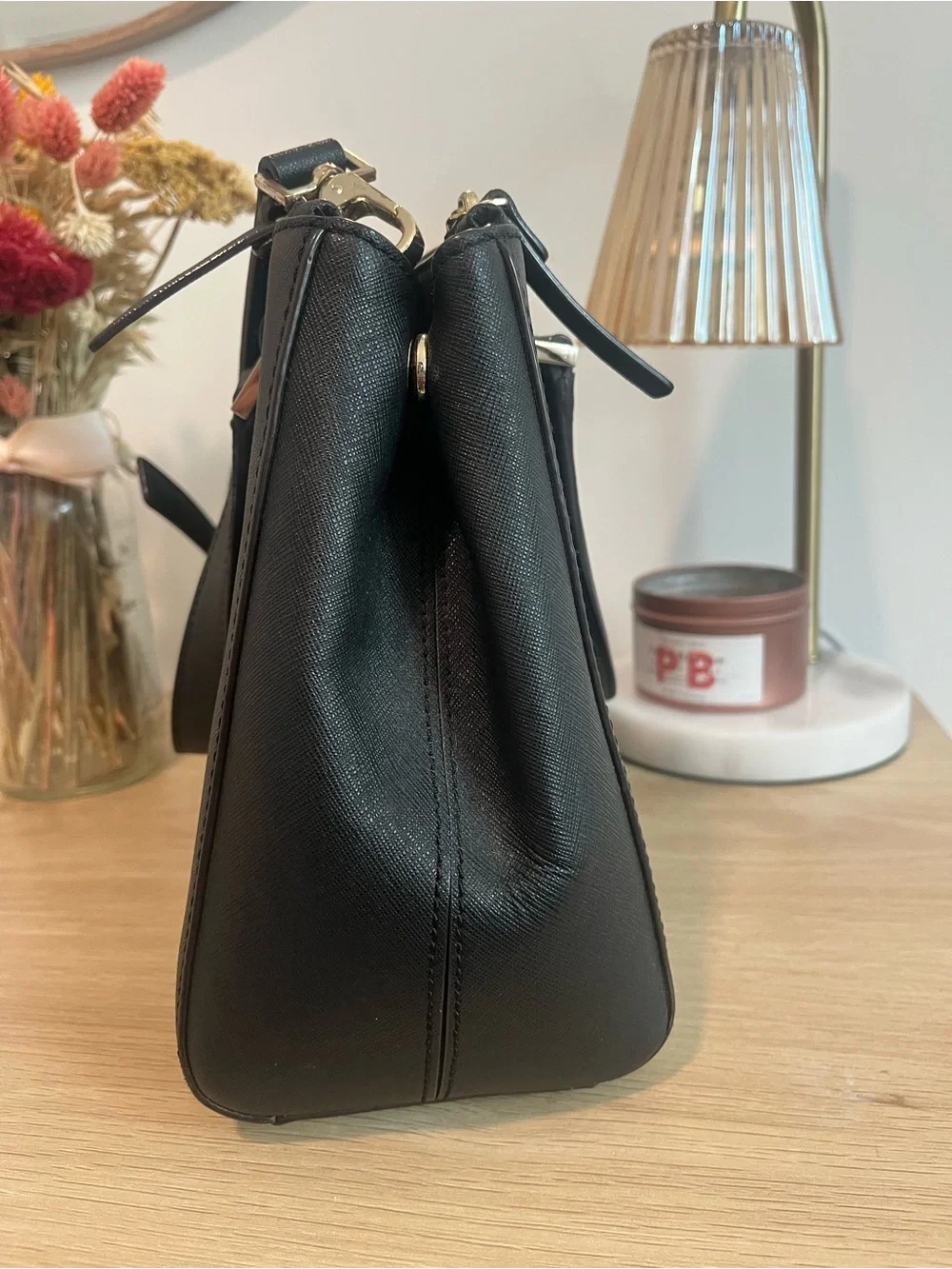 kate spade Black Structured Saffiano Satchel with Gold Hardware